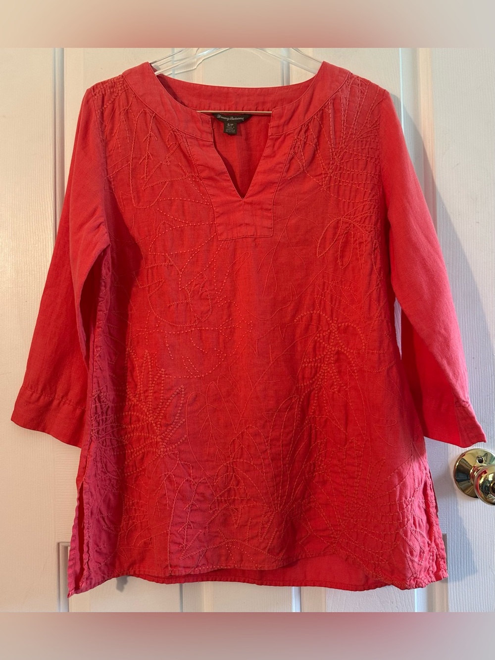 TOMMY BAHAMA Sm 100% LINEN Capsule Preppy Sustainable Embroidered Pink Tunic Top